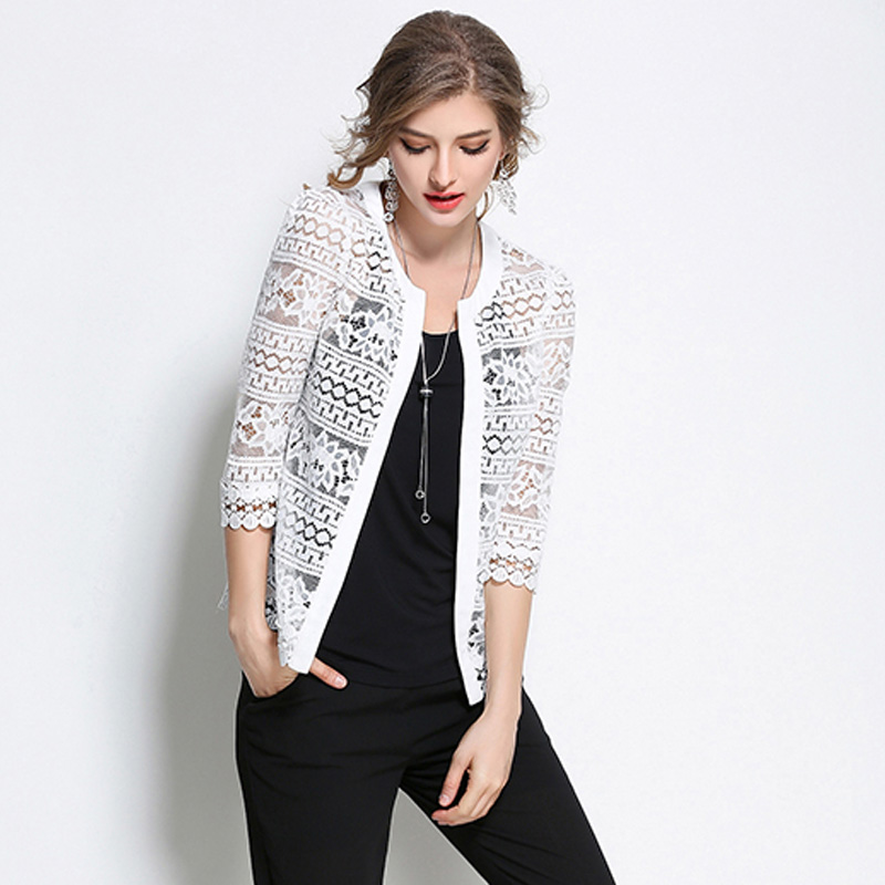 2019 spring Summer Bolero 3/4 Sleeve Shawl Women Thin Lace Open Stitch Coat Sexy White Casual Jacket Cheap Vestidos Top